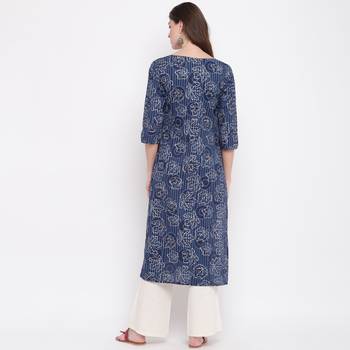 Women'S Foil Print & Hand Work Straight Cotton Blue Kurti 3