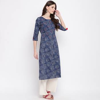 Women'S Foil Print & Hand Work Straight Cotton Blue Kurti 5