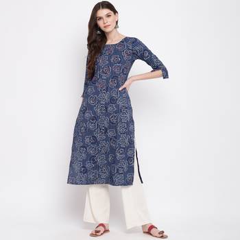 Women'S Foil Print & Hand Work Straight Cotton Blue Kurti 7
