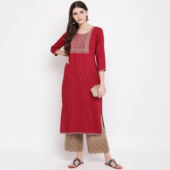 Women'S Solid & Sequence Work Straight Rayon Maroon Kurti 1