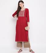 Women'S Solid & Sequence Work Straight Rayon Maroon Kurti