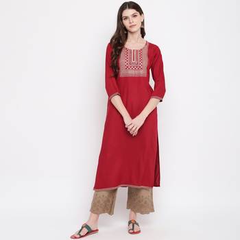 Women'S Solid & Sequence Work Straight Rayon Maroon Kurti 2