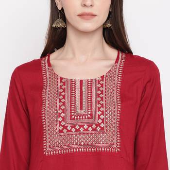 Women'S Solid & Sequence Work Straight Rayon Maroon Kurti 6