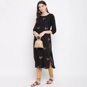 Women'S Sequence Work & Floral Straight Rayon Black Kurti 1