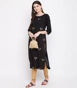 Women'S Sequence Work & Floral Straight Rayon Black Kurti