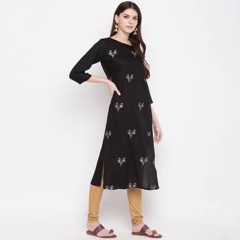 Women'S Sequence Work & Floral Straight Rayon Black Kurti 5