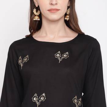 Women'S Sequence Work & Floral Straight Rayon Black Kurti 6