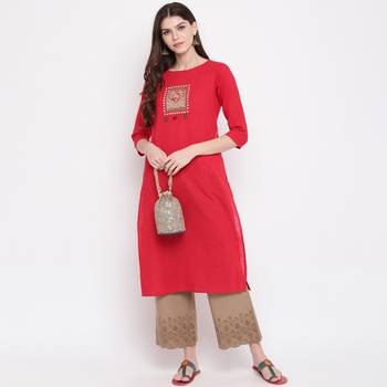 Women'S Embellished Straight Cotton Dark Red Kurti 1