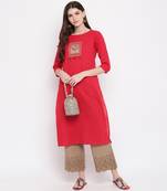 Women'S Embellished Straight Cotton Dark Red Kurti