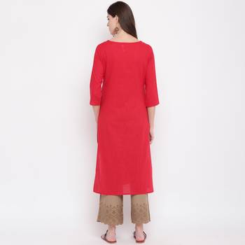 Women'S Embellished Straight Cotton Dark Red Kurti 3