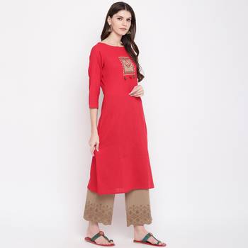 Women'S Embellished Straight Cotton Dark Red Kurti 5