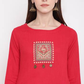 Women'S Embellished Straight Cotton Dark Red Kurti 6