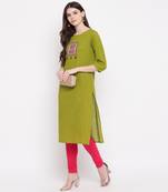 Women'S Embellished Straight Cotton Parrot Green Kurti