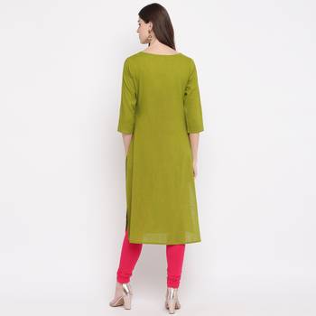 Women'S Embellished Straight Cotton Parrot Green Kurti 3