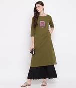 Women'S Embellished Straight Cotton Dark Green Kurti