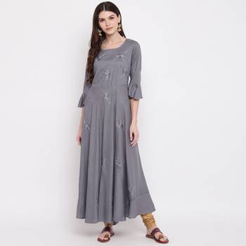 Women'S Embellished Flared Rayon Grey Kurti 2