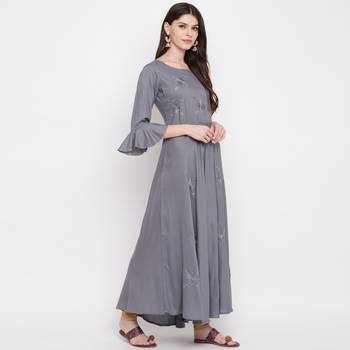 Women'S Embellished Flared Rayon Grey Kurti 5