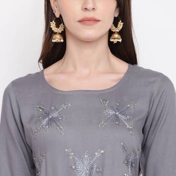 Women'S Embellished Flared Rayon Grey Kurti 6