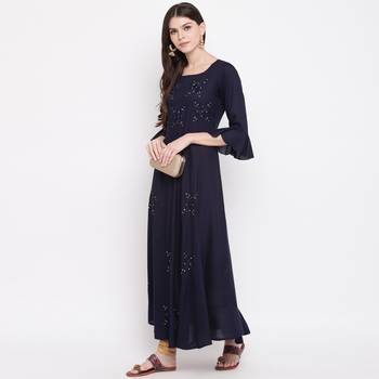 Women'S Embellished Flared Rayon Blue Kurti 1