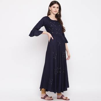 Women'S Embellished Flared Rayon Blue Kurti 4