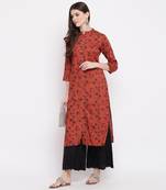 Women'S Geometric Straight Rayon Brown Kurti