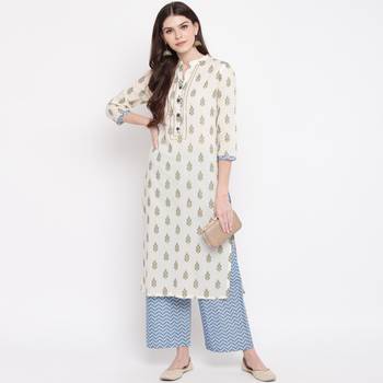 Women'S Foil Print & Lace Work Straight Cotton Off White Kurti With Palazzo 1