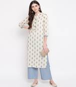 Women'S Foil Print & Lace Work Straight Cotton Off White Kurti With Palazzo