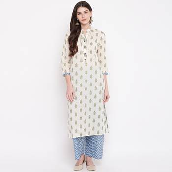 Women'S Foil Print & Lace Work Straight Cotton Off White Kurti With Palazzo 2