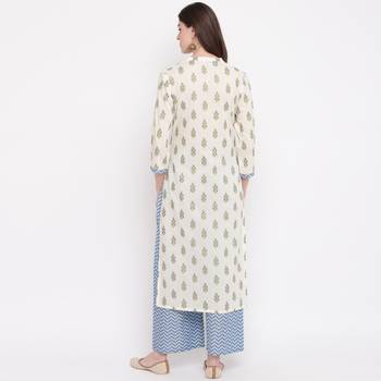 Women'S Foil Print & Lace Work Straight Cotton Off White Kurti With Palazzo 3