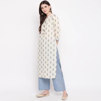 Women'S Foil Print & Lace Work Straight Cotton Off White Kurti With Palazzo 4