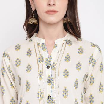 Women'S Foil Print & Lace Work Straight Cotton Off White Kurti With Palazzo 5