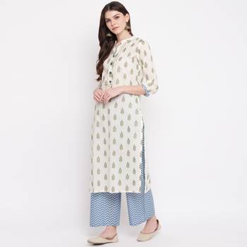 Women'S Foil Print & Lace Work Straight Cotton Off White Kurti With Palazzo 6