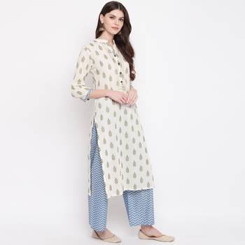 Women'S Foil Print & Lace Work Straight Cotton Off White Kurti With Palazzo 7