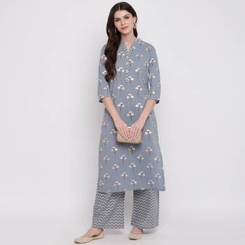 Women'S Foil Print & Floral Print Straight Cotton Grey Kurti With Palazzo 1