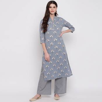 Women'S Foil Print & Floral Print Straight Cotton Grey Kurti With Palazzo 2