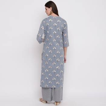 Women'S Foil Print & Floral Print Straight Cotton Grey Kurti With Palazzo 3