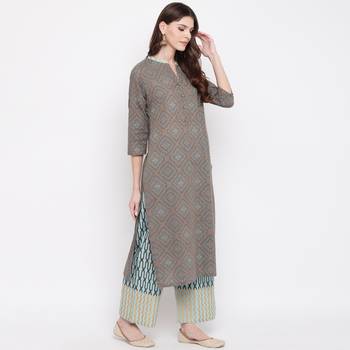 Women'S Foil Print & Floral Print Straight Cotton Grey Kurti With Palazzo 4