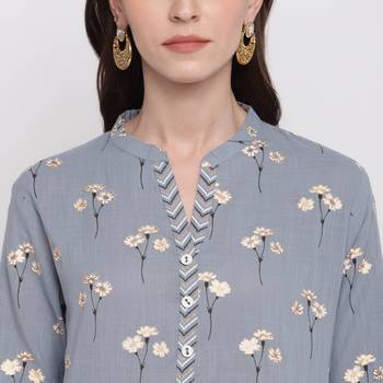 Women'S Foil Print & Floral Print Straight Cotton Grey Kurti With Palazzo 5