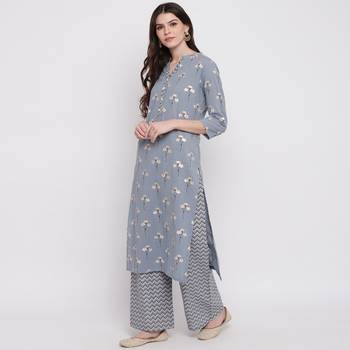 Women'S Foil Print & Floral Print Straight Cotton Grey Kurti With Palazzo 6