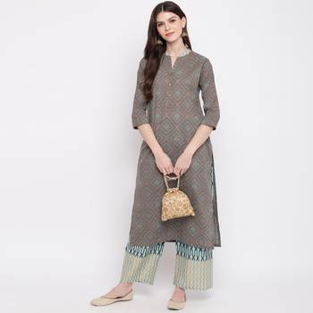 Women'S Foil Print & Dot Print Straight Cotton Dark Grey Kurti With Palazzo 1