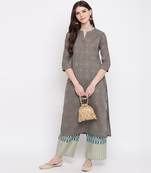 Women'S Foil Print & Dot Print Straight Cotton Dark Grey Kurti With Palazzo