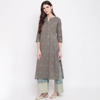 Women'S Foil Print & Dot Print Straight Cotton Dark Grey Kurti With Palazzo 2