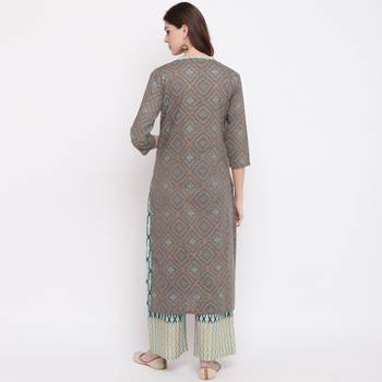 Women'S Foil Print & Dot Print Straight Cotton Dark Grey Kurti With Palazzo 3