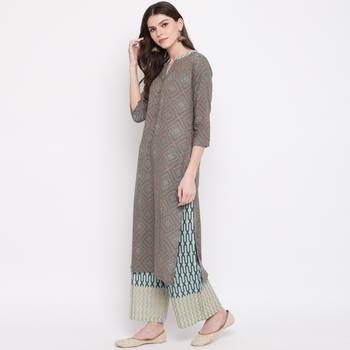 Women'S Foil Print & Dot Print Straight Cotton Dark Grey Kurti With Palazzo 4
