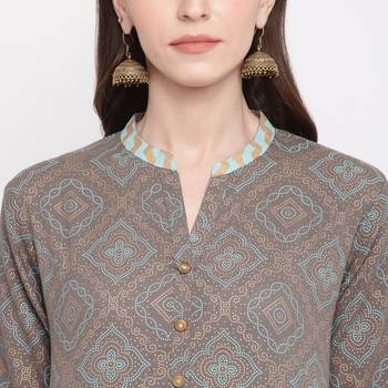 Women'S Foil Print & Dot Print Straight Cotton Dark Grey Kurti With Palazzo 6