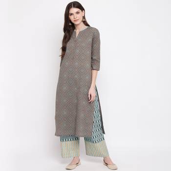 Women'S Foil Print & Dot Print Straight Cotton Dark Grey Kurti With Palazzo 7