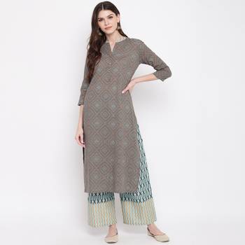 Women'S Foil Print & Dot Print Straight Cotton Dark Grey Kurti With Palazzo 8