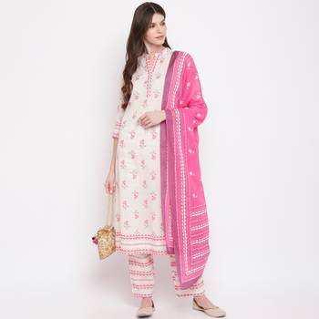 Women'S Floral Print & Embroidered A-Line Cotton White Kurti & Palazzo With Dupatta 1