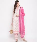 Women'S Floral Print & Embroidered A-Line Cotton White Kurti & Palazzo With Dupatta