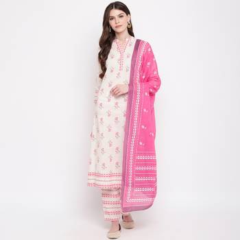 Women'S Floral Print & Embroidered A-Line Cotton White Kurti & Palazzo With Dupatta 2